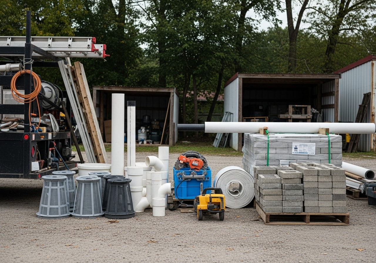 Landscape crew with tools and equipment ready for outdoor construction work on a residential property.