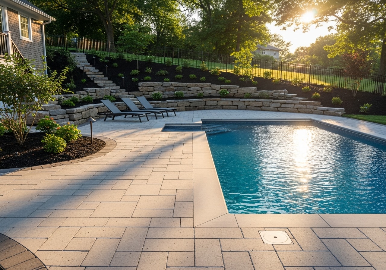 Complete backyard with fiberglass pool, paver patio, and landscape lighting in Bloomfield Hills