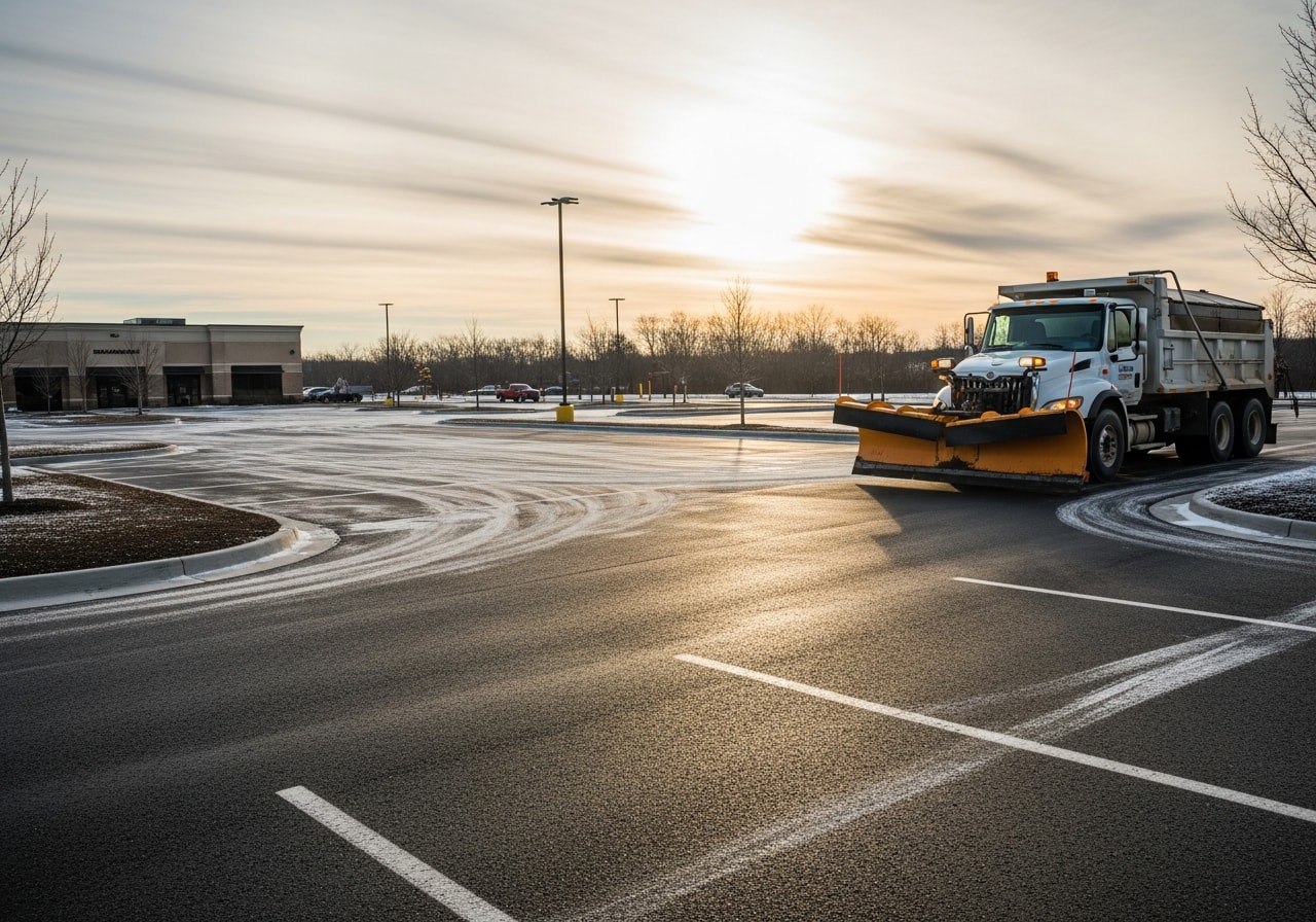 Cleared commercial parking lot after winter snowfall in Troy