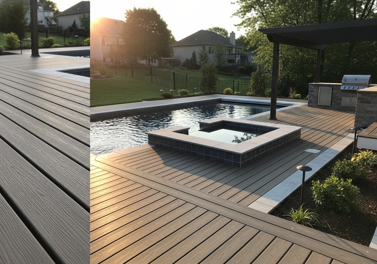 Fiberglass pool with spa, composite deck, and pergola structure in Rochester Hills