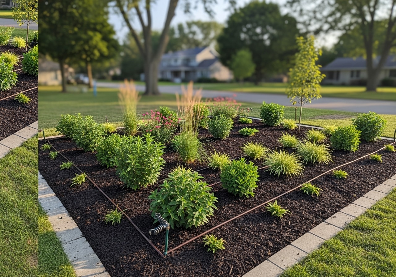 Newly planted landscape beds with native shrubs and perennials in Oxford