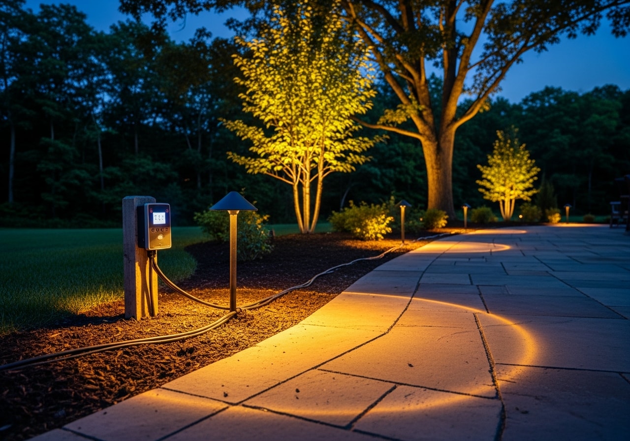 LED landscape lighting illuminating trees and patio in West Bloomfield evening
