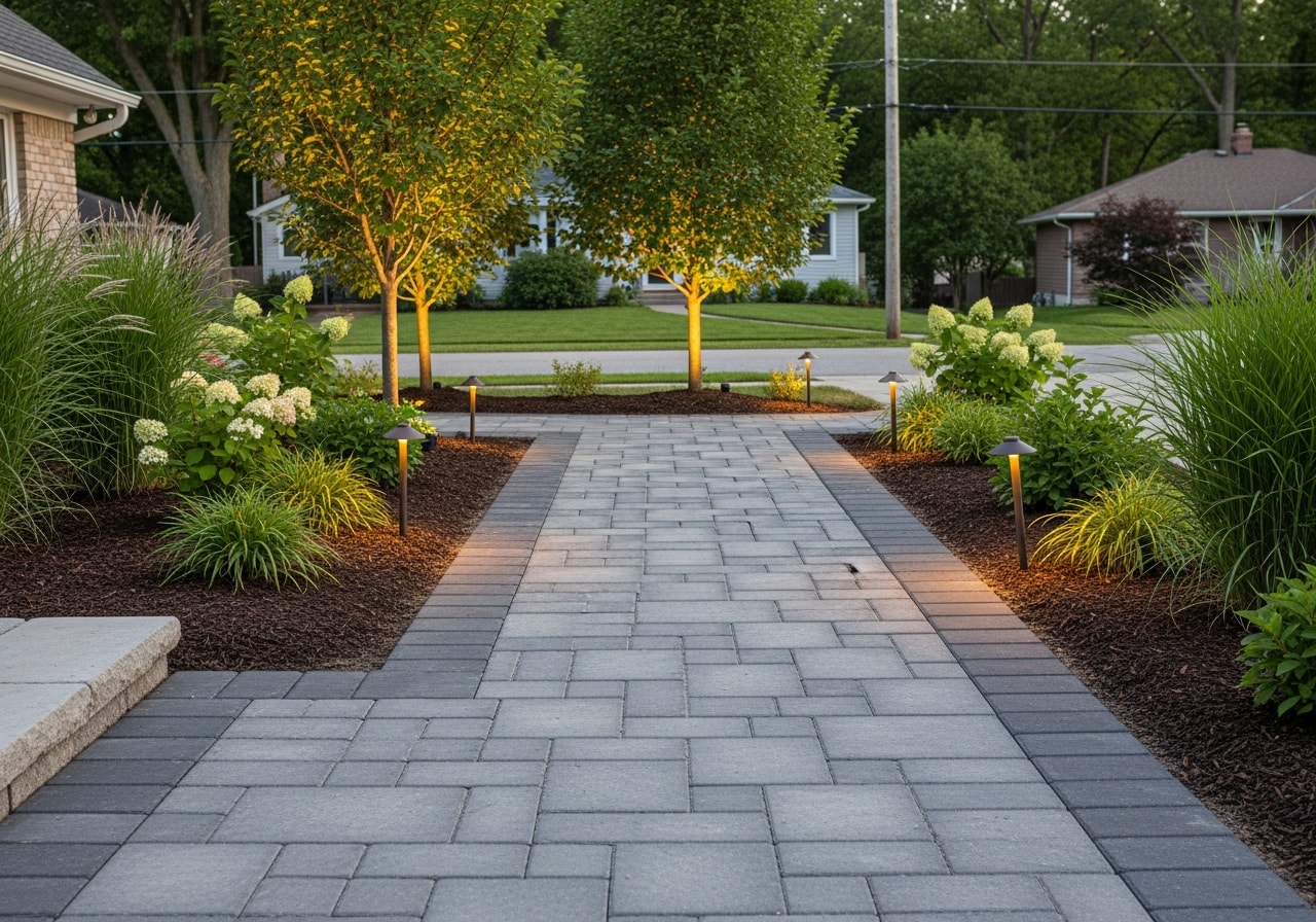 Charcoal paver walkway with ornamental plantings and uplighting in Birmingham