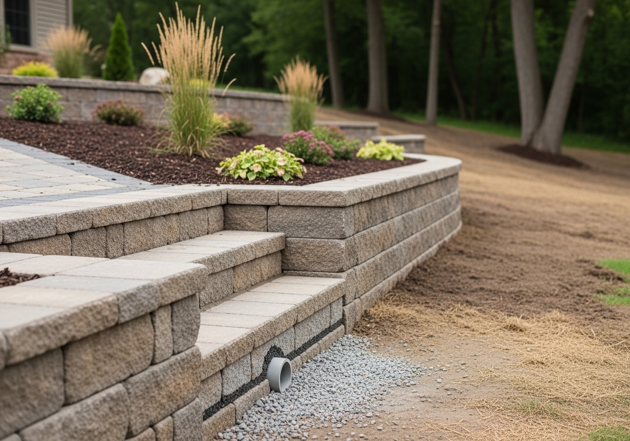 Tiered retaining wall with French drain and landscape plantings in Clarkston