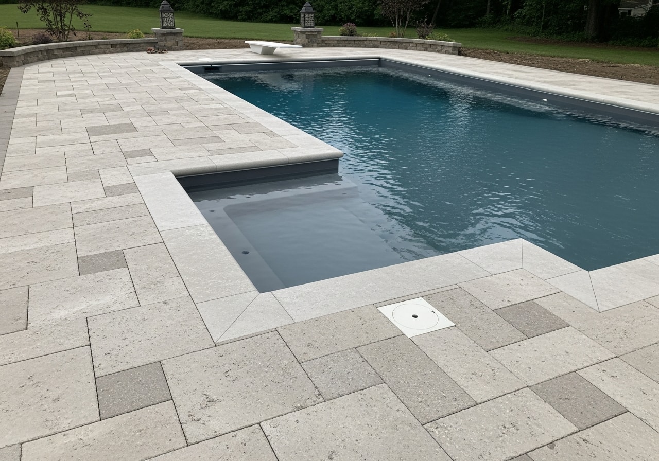 Completed vinyl pool with travertine paver patio and landscape lighting in Lake Orion