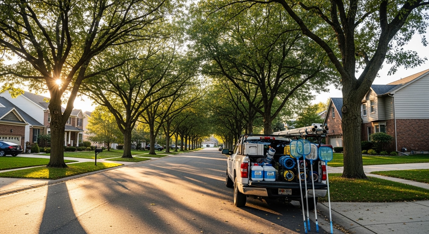 Clarkston residential street with mature trees and well-maintained homes, showing typical neighborhood character.