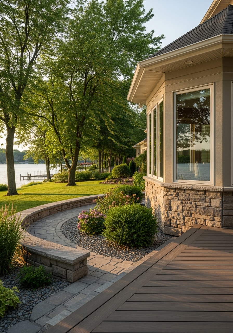 Lakeside home detail with quality finishes and landscaping typical of Lake Orion properties.