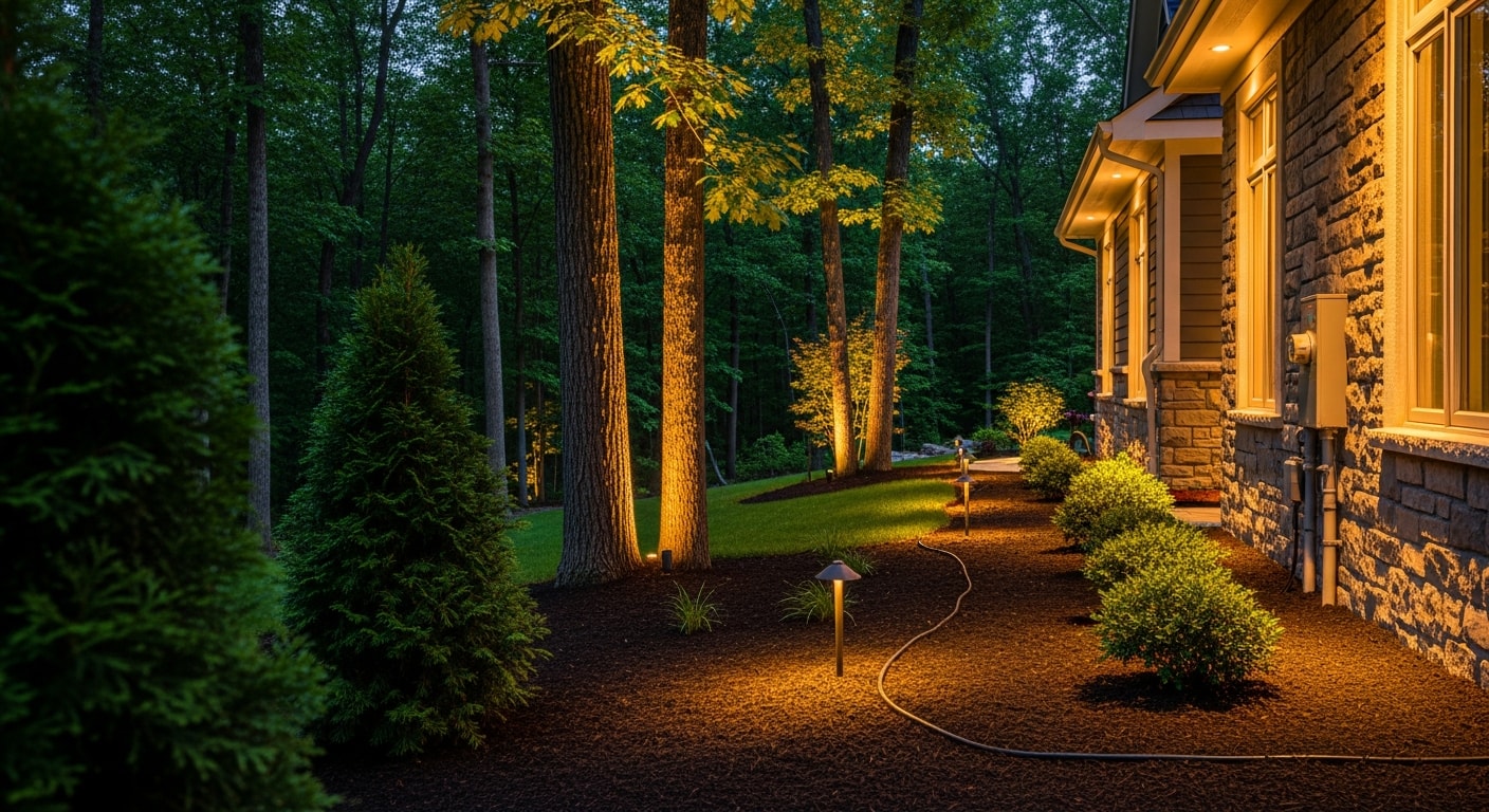 Outdoor accent lighting installation on a Clarkston, MI residential property, with uplights illuminating mature trees and path lights lining a front walkway after dark. Low-voltage fixtures are staked into landscaped beds along the home's facade, casting directed light onto stonework and garden plantings.