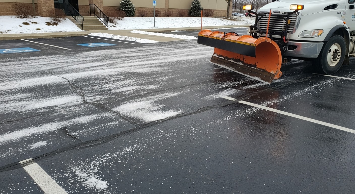 A cleared commercial parking lot in Clarkston, MI after a winter snowstorm, with plowed snow stacked along the perimeter and a salted walkway leading to a building entrance. A snow management crew vehicle is visible near the lot edge.