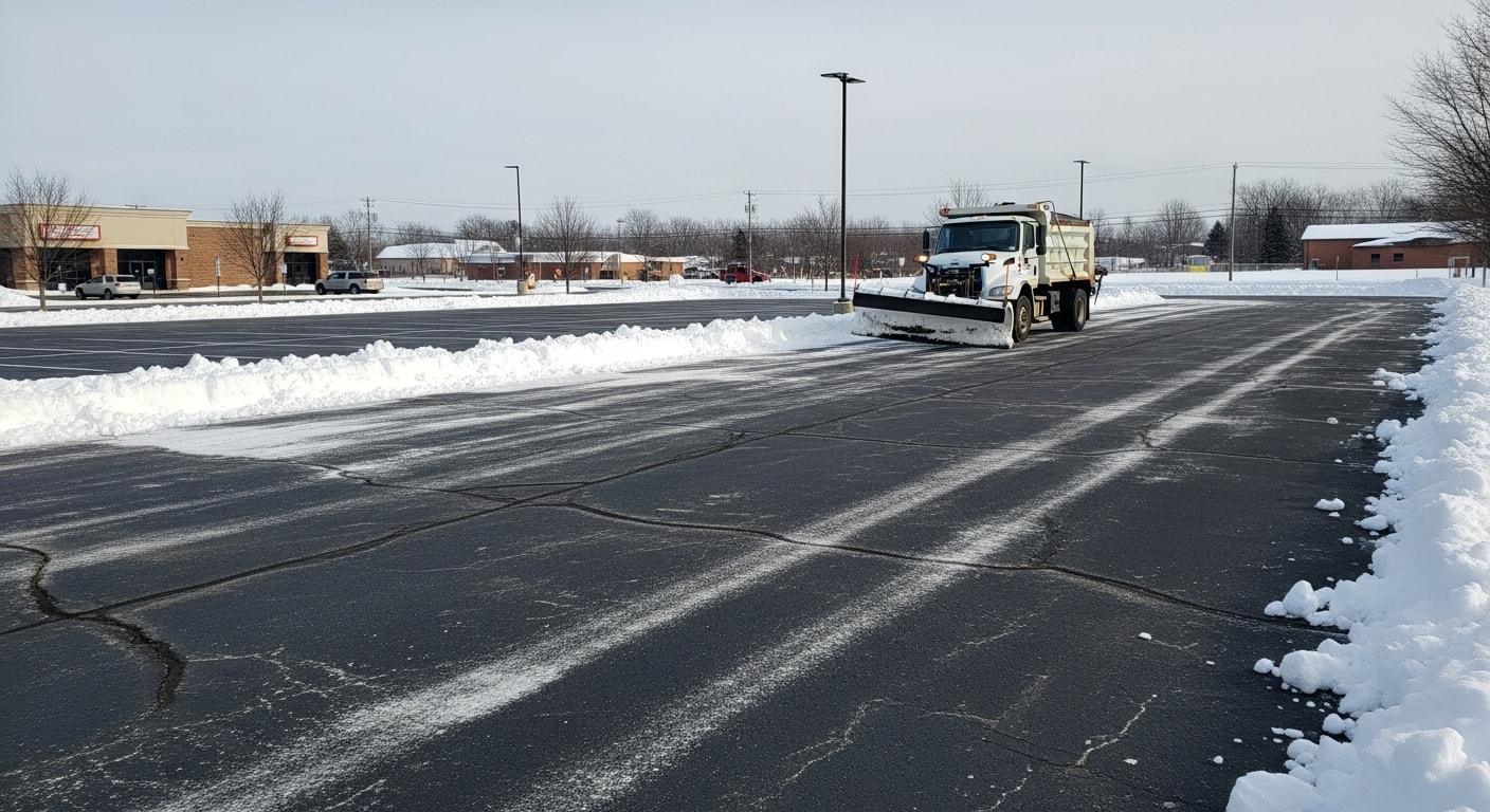 A commercial parking lot in Clarkston, MI with freshly plowed snow cleared from driving lanes and stacked along the lot perimeter. A business entrance and walkway are visible and free of snow and ice.