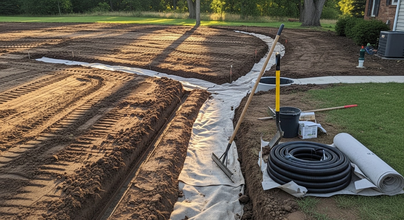 A regraded residential backyard in Clarkston, MI with a newly installed swale channeling water away from the home's foundation toward a discharge area. The lawn surface shows a smooth, consistent slope with fresh topsoil and no standing water visible after a rain event.