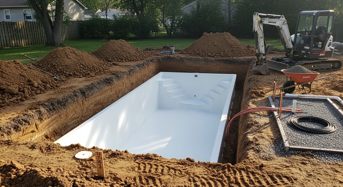 A completed inground fiberglass pool installed in a residential backyard in Clarkston, MI, with a clean concrete pool deck and surrounding lawn. The pool shell shows a smooth gel-coat finish with visible entry steps, set against a typical Oakland County suburban yard.