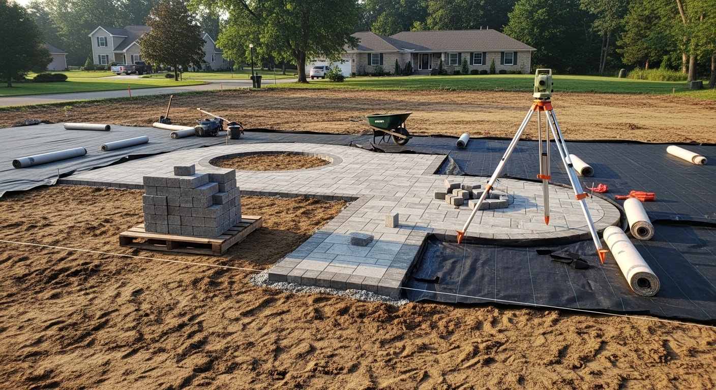 A finished residential landscape design and build project in Clarkston, MI, showing a paver patio, planted garden beds, and a graded lawn behind a single-family home. The planting beds include shrubs and perennials suited to Oakland County's climate.