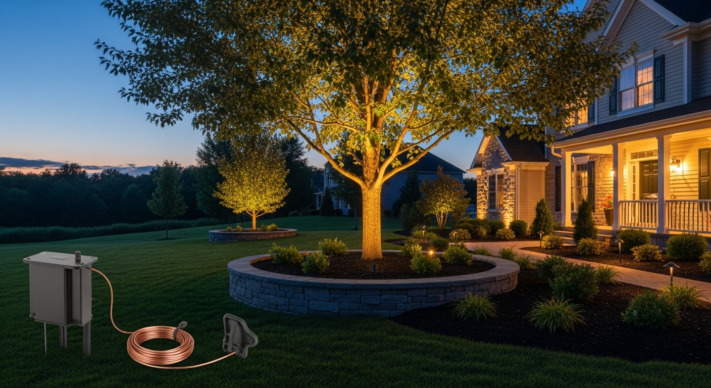 A Clarkston, MI single-family home at night with landscape lighting illuminating the front walkway, mature trees, and garden beds along the facade. Warm-toned fixtures highlight the home's architectural lines and entry path against a dark Michigan sky.