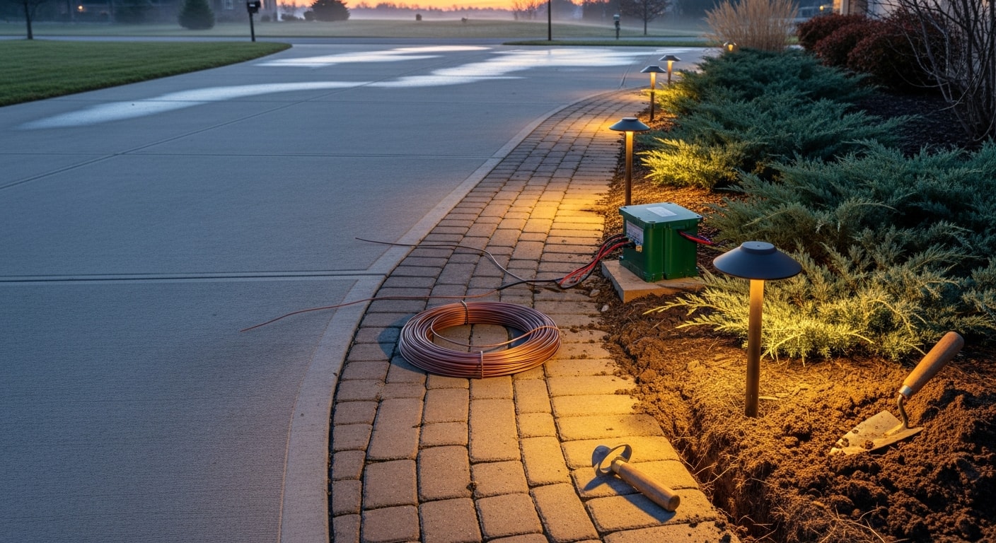 Professionally installed low-voltage outdoor lighting illuminating the front walkway, garden beds, and mature trees of a residential home in Clarkston, MI at dusk. Warm-toned path lights and uplights highlight landscaping features against a darkening Oakland County sky.