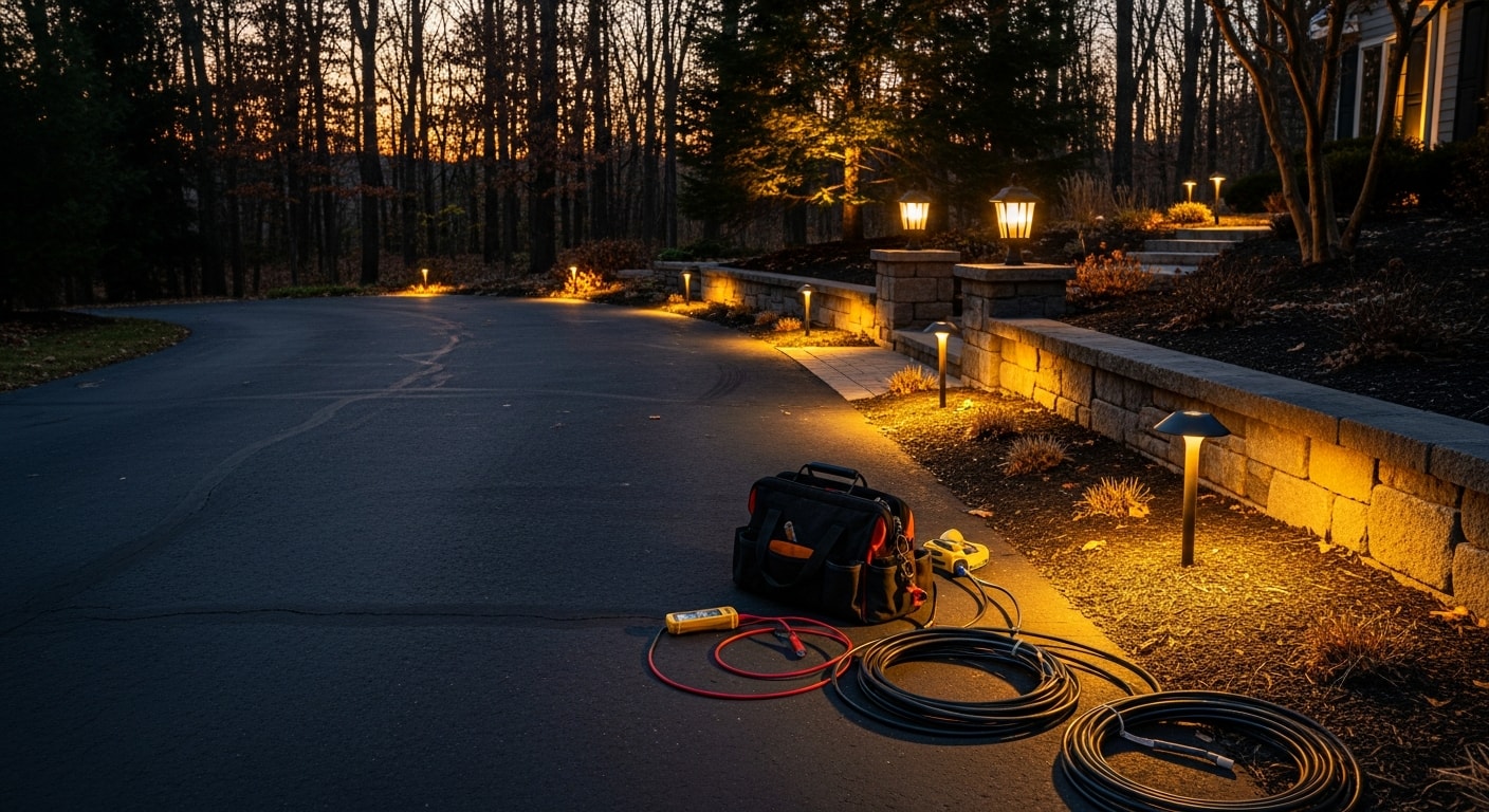 Upgraded outdoor lighting along a residential driveway and front pathway on a wooded Clarkston, MI property at dusk. Low-profile pathway fixtures and uplighting on mature trees illuminate the entry and surrounding landscape.