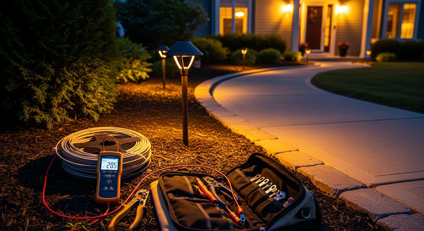 Installed low-voltage pathway lights lining a curved front walkway at a residential property in Clarkston, MI, with warm light cast downward onto the stone path at dusk. The surrounding lawn and landscaping of an Oakland County home are visible in the background.
