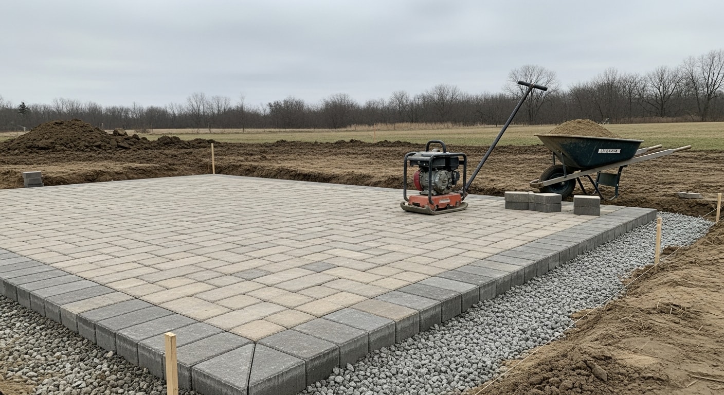A newly installed paver patio in a Clarkston, MI backyard, showing a level stone surface with tight joints and clean edges bordered by landscaped beds. The patio extends from the back of a residential home with a lawn and mature trees visible in the background.