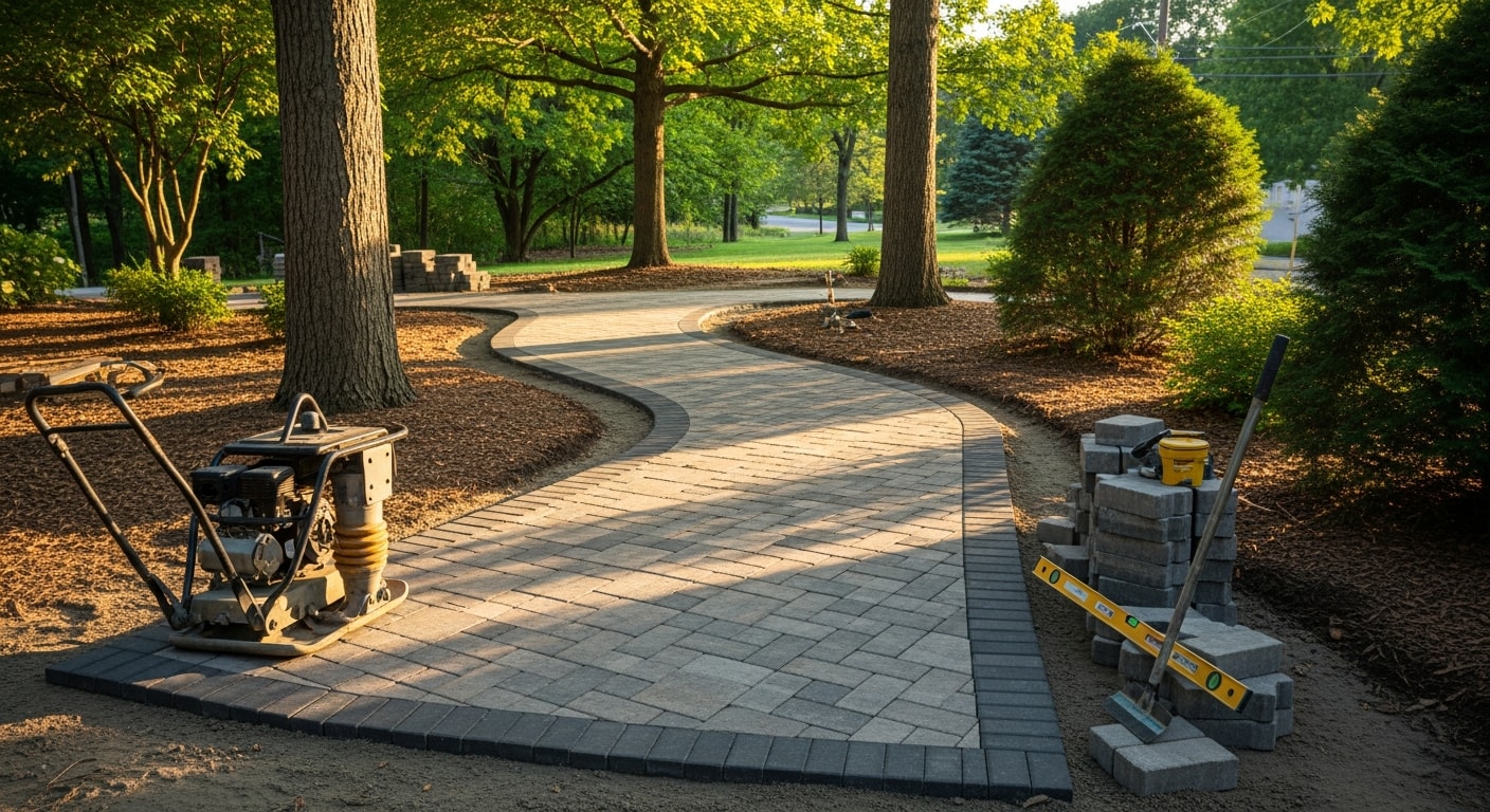 A freshly installed paver walkway leading from the driveway to the front entry of a residential home in Clarkston, MI, with clean joint lines, level surface, and landscaping beds on each side. The walkway shows a uniform pattern of interlocking pavers set flush against edge restraints on a compacted base.