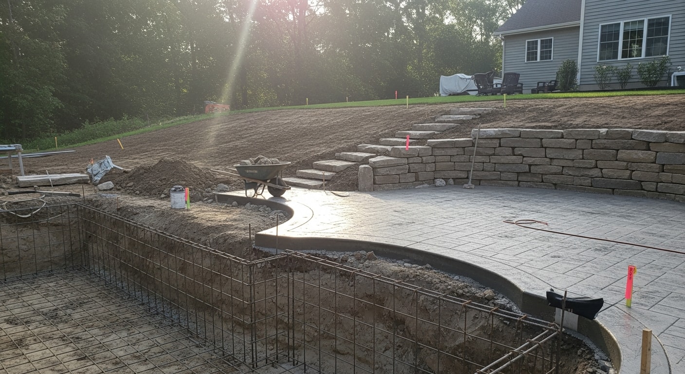 A finished backyard in Clarkston, MI showing an inground pool with a paver patio, outdoor kitchen, and landscape plantings installed by Totalscape LLC. The space reflects a complete outdoor living package designed for Oakland County's four-season climate.