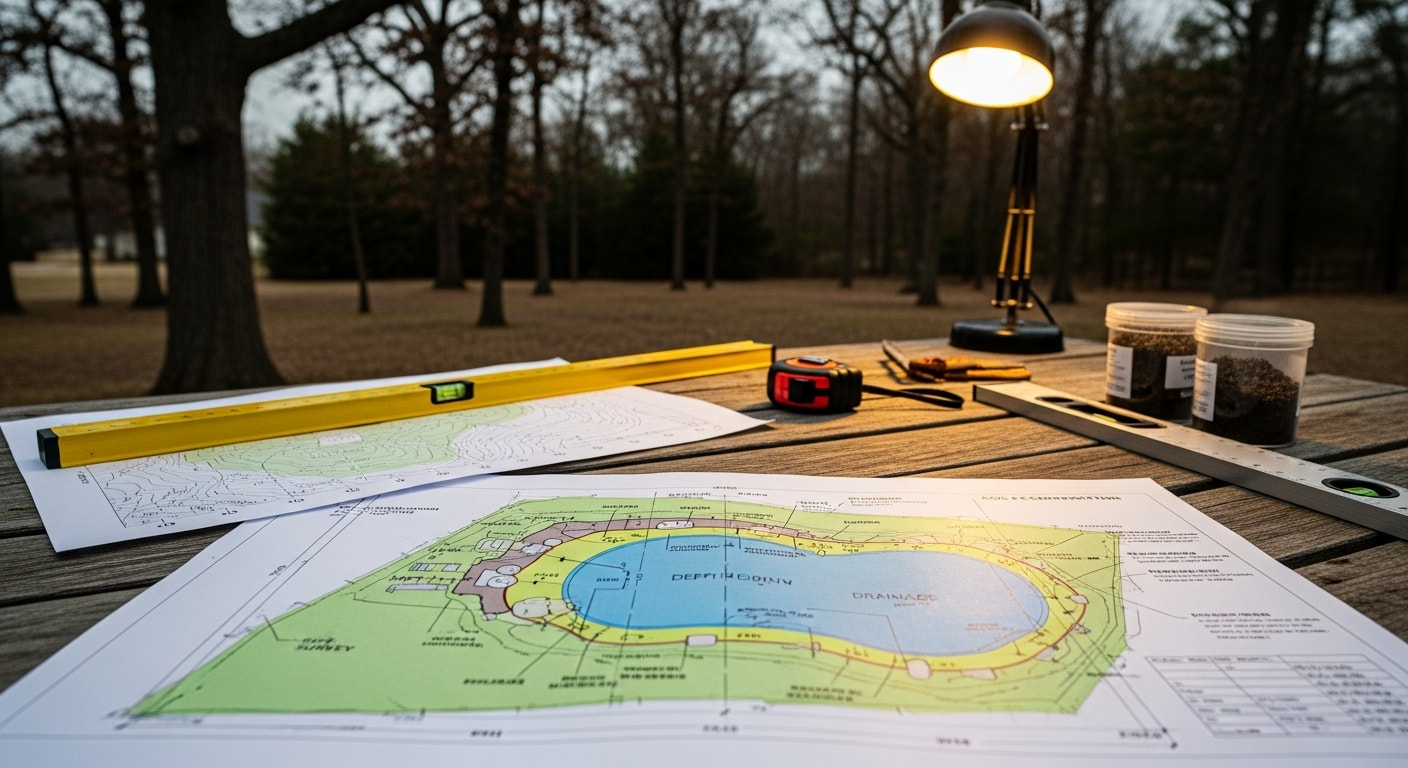 A pool designer reviewing a backyard layout plan with a Clarkston, MI homeowner, showing a site map with pool shape, deck area, and drainage markings. The yard features a sloped lawn typical of Oakland County residential properties.