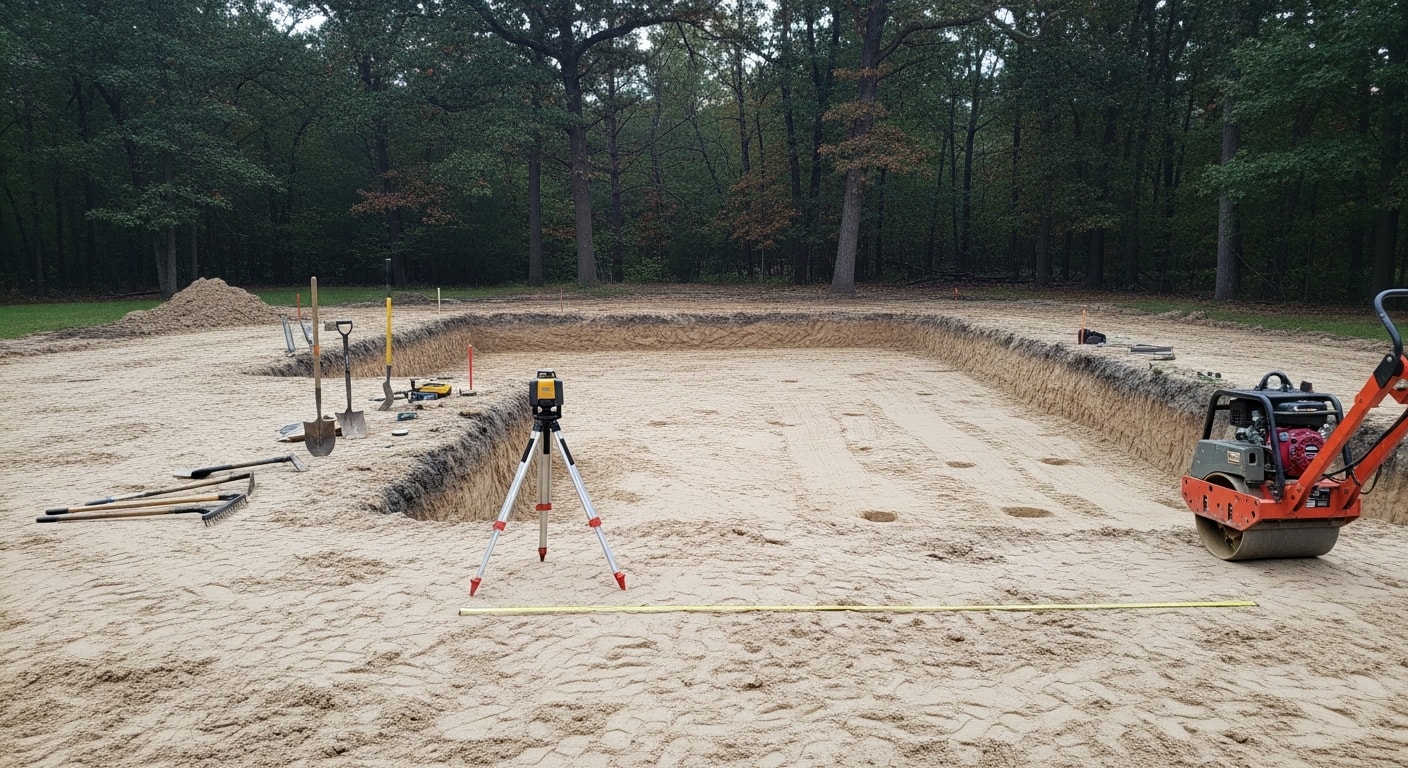 A Clarkston, MI backyard after pool site preparation, showing a level excavated area with compacted subgrade and graded slopes ready for pool installation. Surrounding terrain reflects the rolling, wooded lot conditions common in the Clarkston area.
