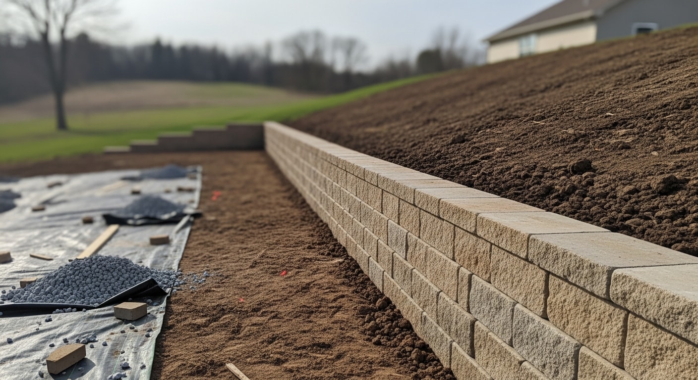 A freshly installed retaining wall holding back a sloped residential backyard in Clarkston, MI, with level lawn space created in front of the wall. The wall runs along a grade change typical of Oakland County properties, with clean edges and compacted base visible at the footer.