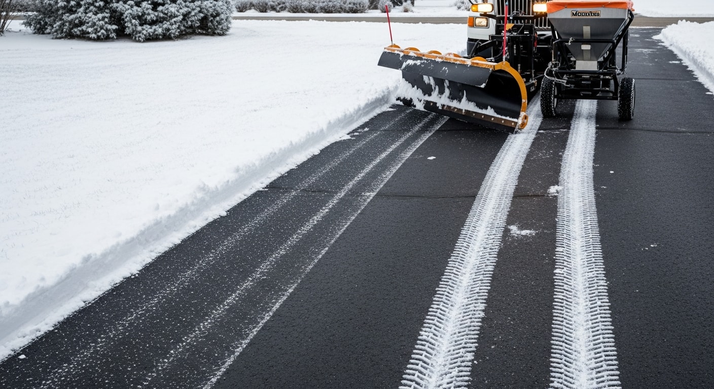 A freshly plowed residential driveway in Clarkston, MI with snow pushed to the sides and a clear path leading to the garage. A Totalscape LLC truck is visible completing the snow plowing service on a cloudy winter morning.