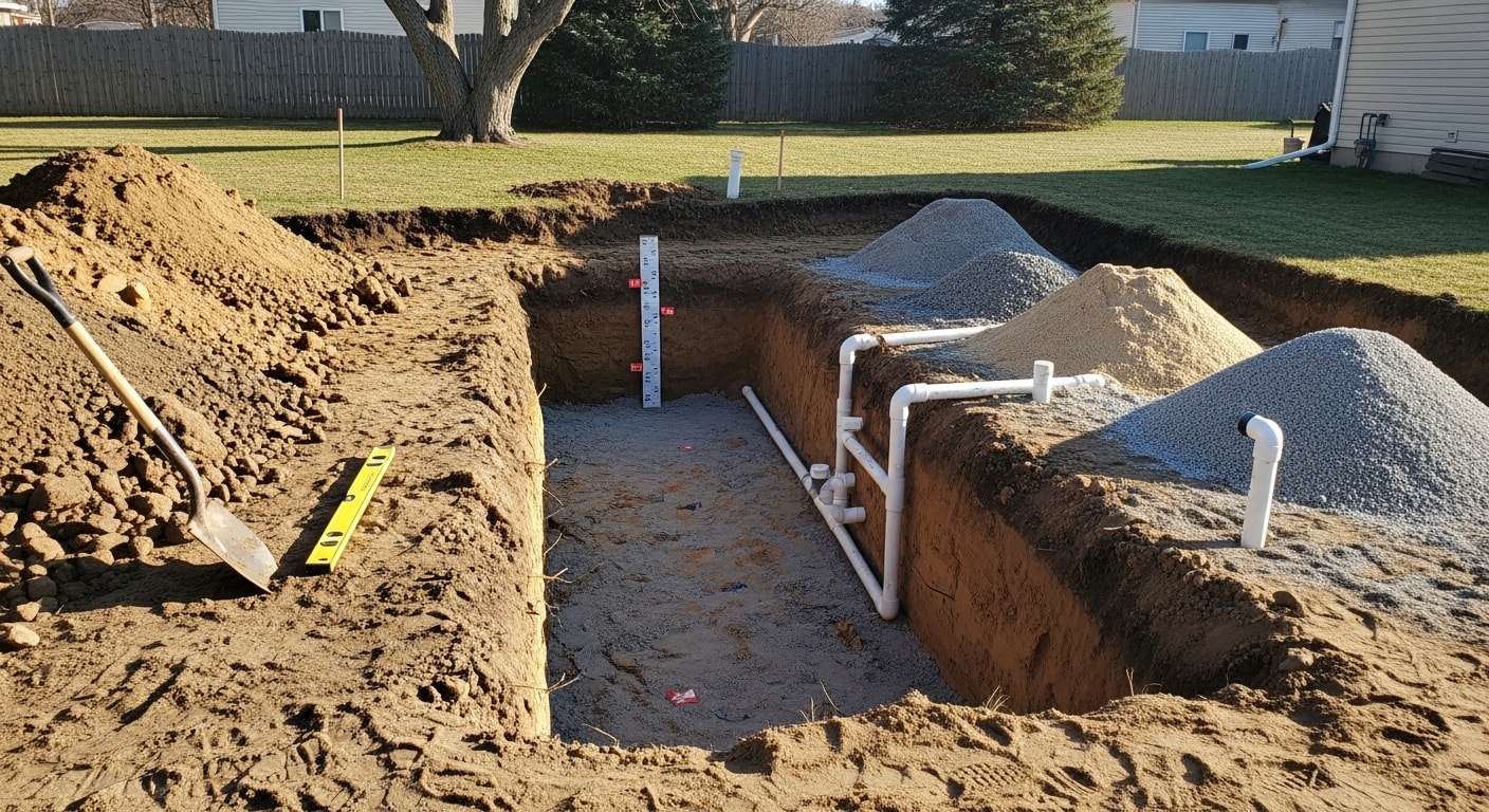 A newly installed vinyl inground pool with a custom liner pattern set in a residential backyard in Clarkston, MI. The pool features clean coping edges and surrounding lawn, ready for the Michigan swim season.