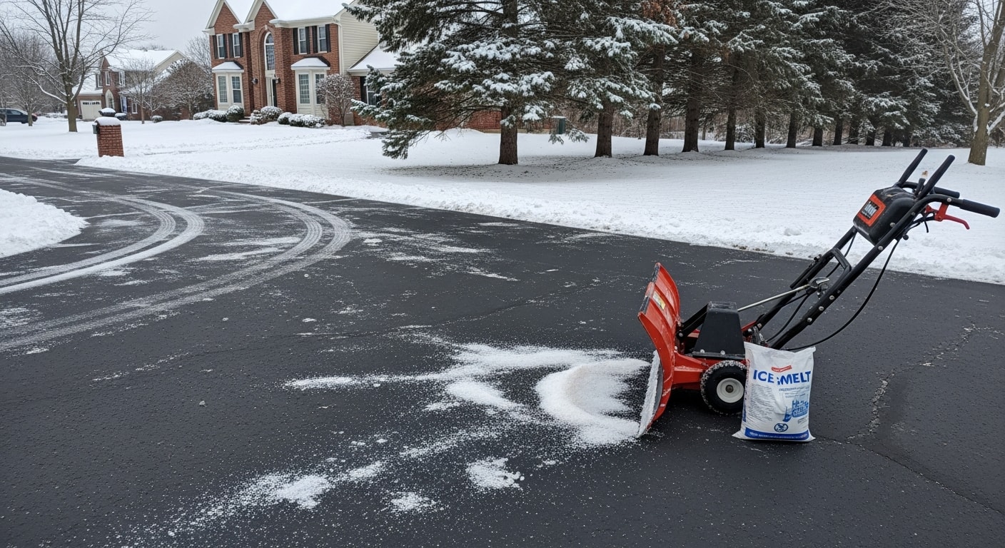 A cleared residential driveway and front walkway after a winter snowstorm at a single-family home in Clarkston, MI. Snow is pushed to the sides of the driveway with the path to the front door fully exposed and free of ice.